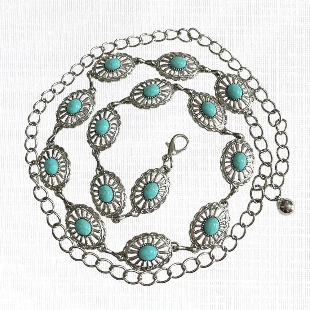 Womens Concho Chain Belt Silver Tone Turquoise Blue Faux Stone Accents 44 inch